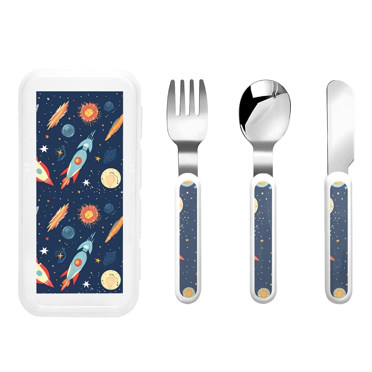 Fzqvslem 3-Piece Children Utensils Set Rocket In Space With Travel Case