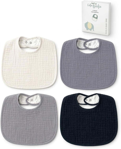 Cutie Birdie Muslin Baby Bibs 4-Pack in Blue Tones