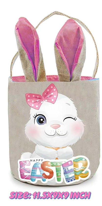 PADELO 1 Pack Easter Basket with Handle, Canvas Easters Egg Hunt Bunny Baskets for Kids, Happy Easter Tote Bucket with (photo 2)