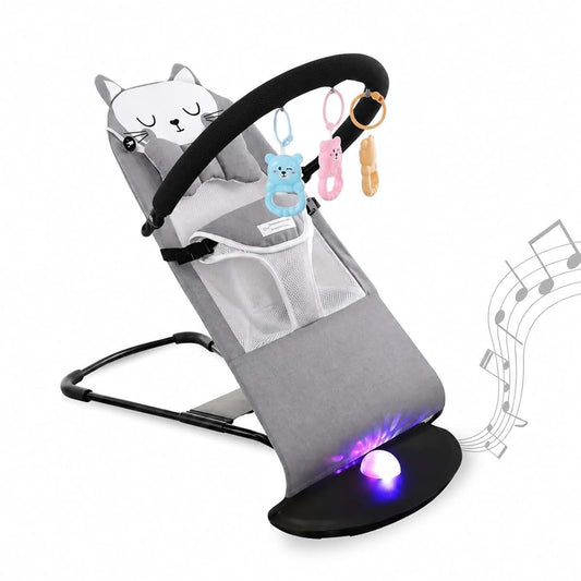 PRIMEORA Baby Bouncer Seat, Foldable Baby Rocker, Mesh Fabric, Cat Headrest