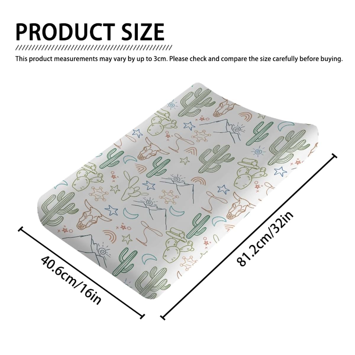 KASTLEE Boho Western Cow Skull Cactus Changing Pad Cover, 32x16 Inch