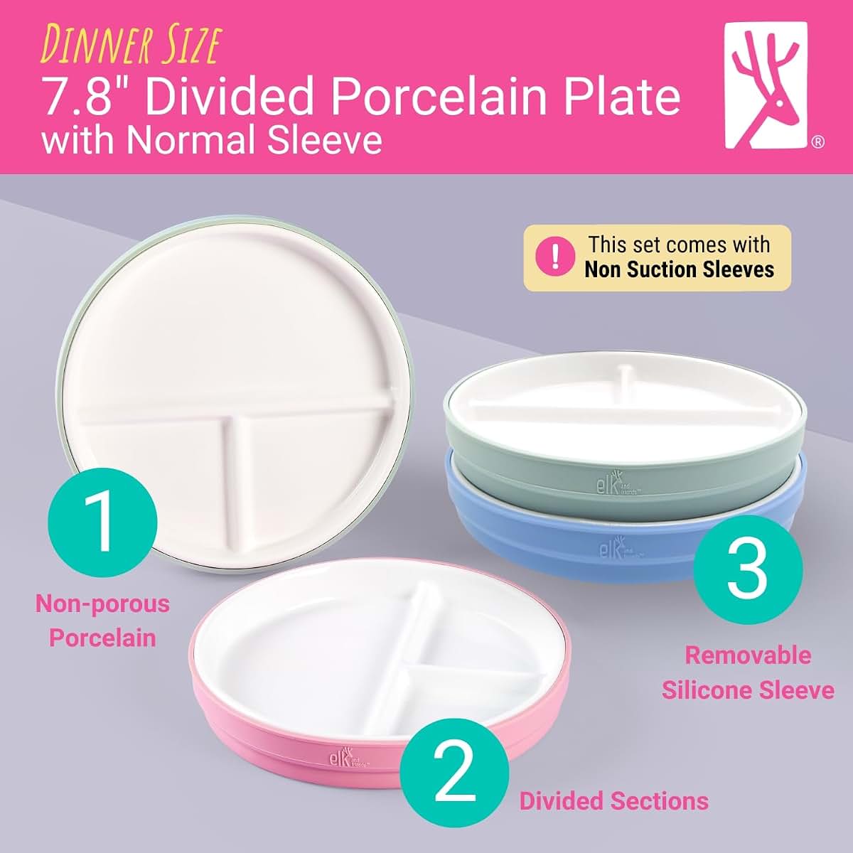 Elk and Friends Kids 7.8 Inch Porcelain Divided Plates with Silicone Sleeves, 4 Pack