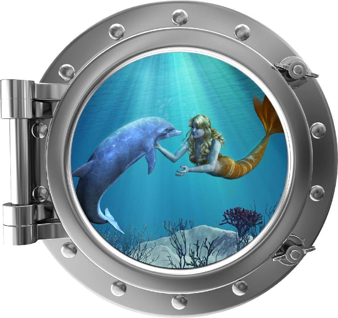 Stickit Graphix 12" Porthole 3D Window Wall Sticker Mermaid Dolphin Silver Sea Ocean Kids Room Decor Removable Vinyl