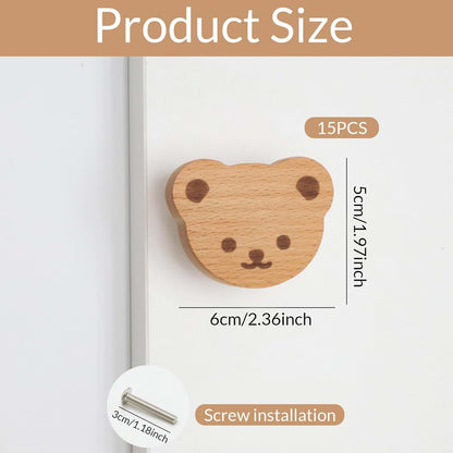 Cute Drawer Knobs Cartoon Bear Wood 15Pcs