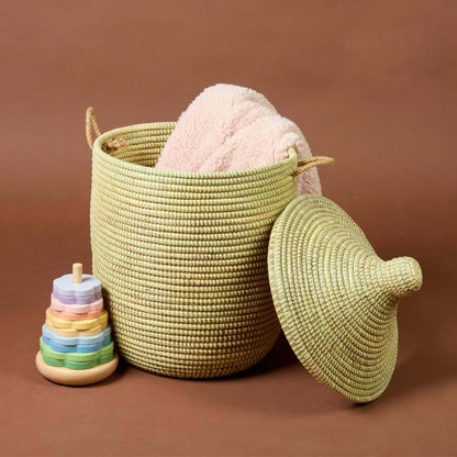 Senegalo Small Beige African Basket with Lid, Handwoven Wicker Storage, 12" Wide x 14" Tall
