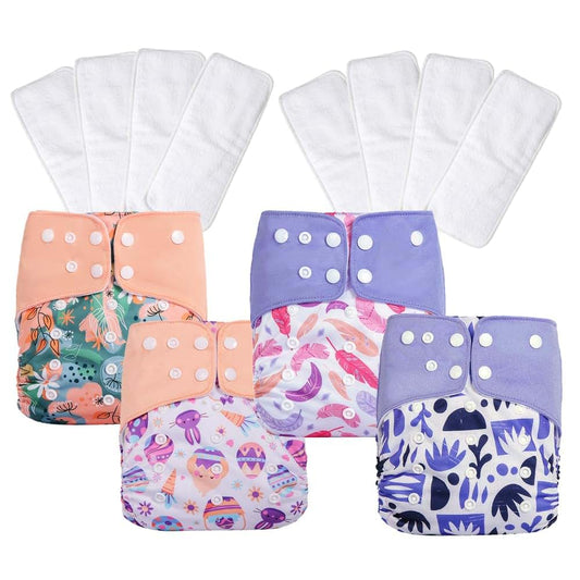 AIO Reusable Baby Cloth Diapers 4 Pack with 8 Microfiber Inserts, Adjustable Pocket Diapers Waterproof TPU Cover for