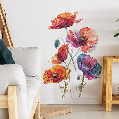 Runtoo Poppy Flowers Watercolor Floral Wall Art Decals