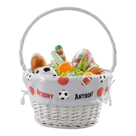 Personalization Universe Personalized All About Sports Easter Basket – Embroidered Sports-Themed Basket Liner – Custom
