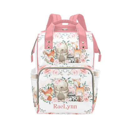 YallLocoMo Personalized Diaper Bag Backpack Name Pink Rose Woodland Animals Girl Multifunction Travel Backpack Nappy