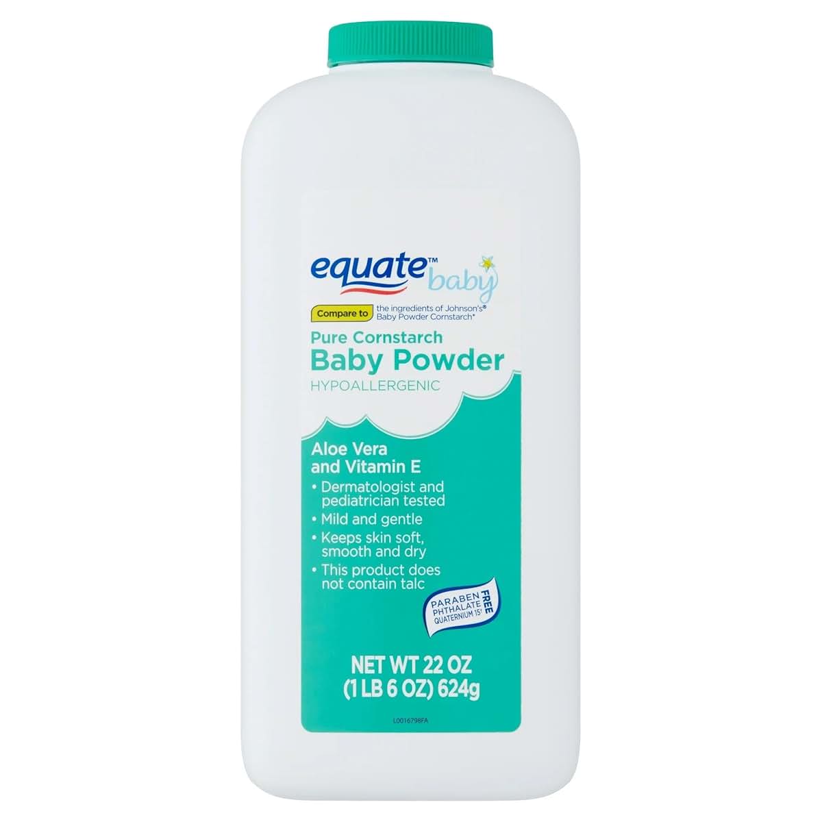 Equate Baby Pure Cornstarch Baby Powder with Aloe & Vitamin E, 22 oz, Pack of 4