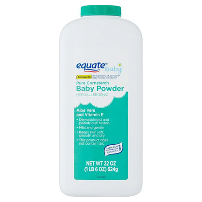 Equate Baby Pure Cornstarch Baby Powder with Aloe & Vitamin E, 22 oz, Pack of 4