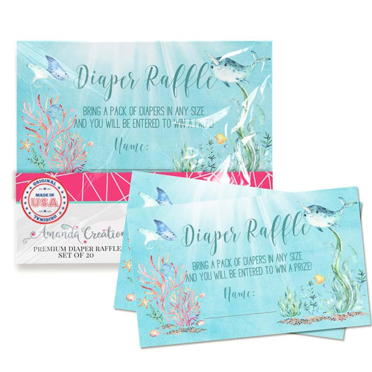 Amanda Creation Underwater Baby Shower Games, 20 Pack Premium Double-Sided Cards, Sea Turtle Baby Shower Diaper Raffle