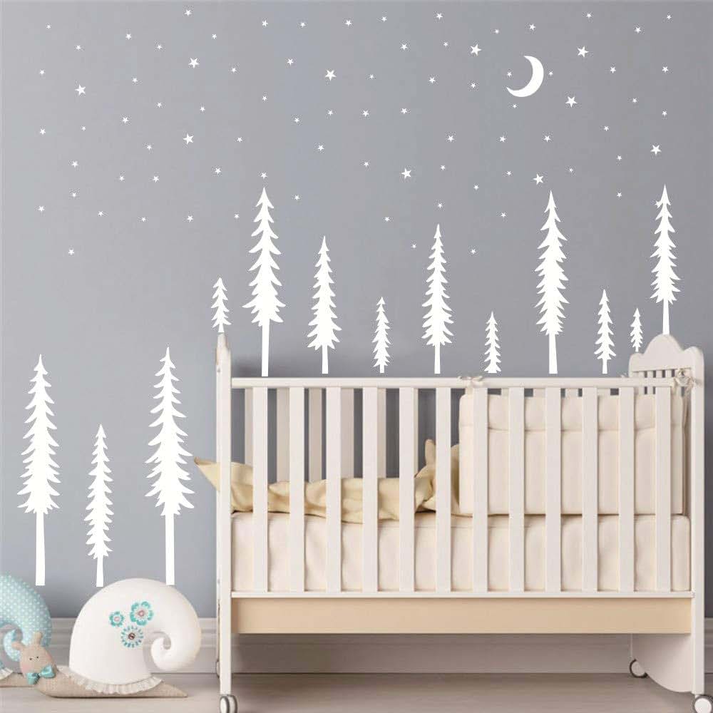YOYOYU ART HOME DECOR Forest Pine Tree Moon Star Kids Nursery Wall Decal AM12 White