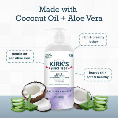 Kirk's Lavender & Vanilla 3-in-1 Nourishing Cleanser, Shampoo, Body Wash, and Bubble Bath