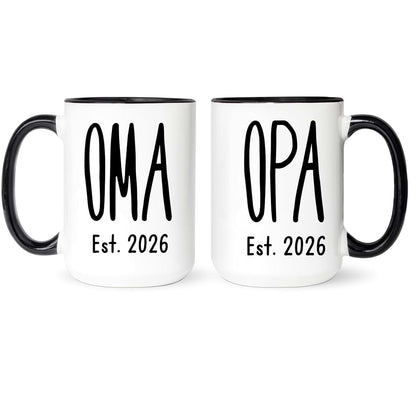 Fabby Gifts Oma Opa Coffee Mugs Set - Pregnancy Announcement For Grandparents Baby Reveal Gift Idea (Black Rim&Handle