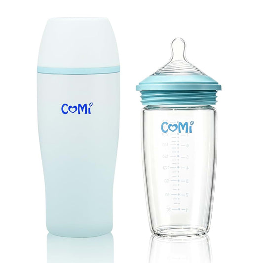COMI Glass Baby Bottle, Includes Insulated Stainless Steel Sleeve, Newborn Anti-Colic Baby Bottle with Slow Flow
