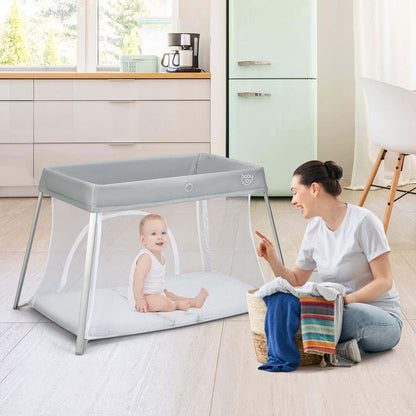 Baby Joy 2-in-1 Travel Crib with Side Zipper, Portable Playard with Washable Mattress