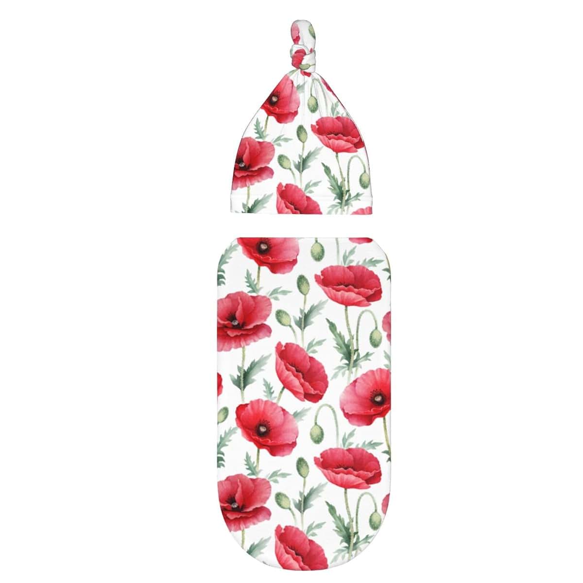 Poppy Flowers Swaddle Blanket Set with Beanie for Newborns