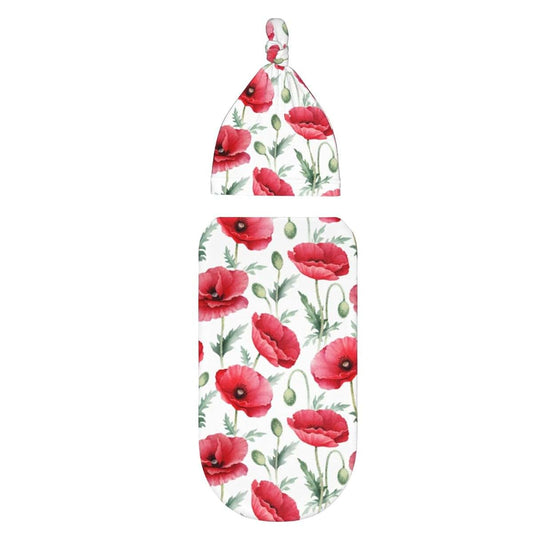 Poppy Flowers Swaddle Blanket Set with Beanie for Newborns