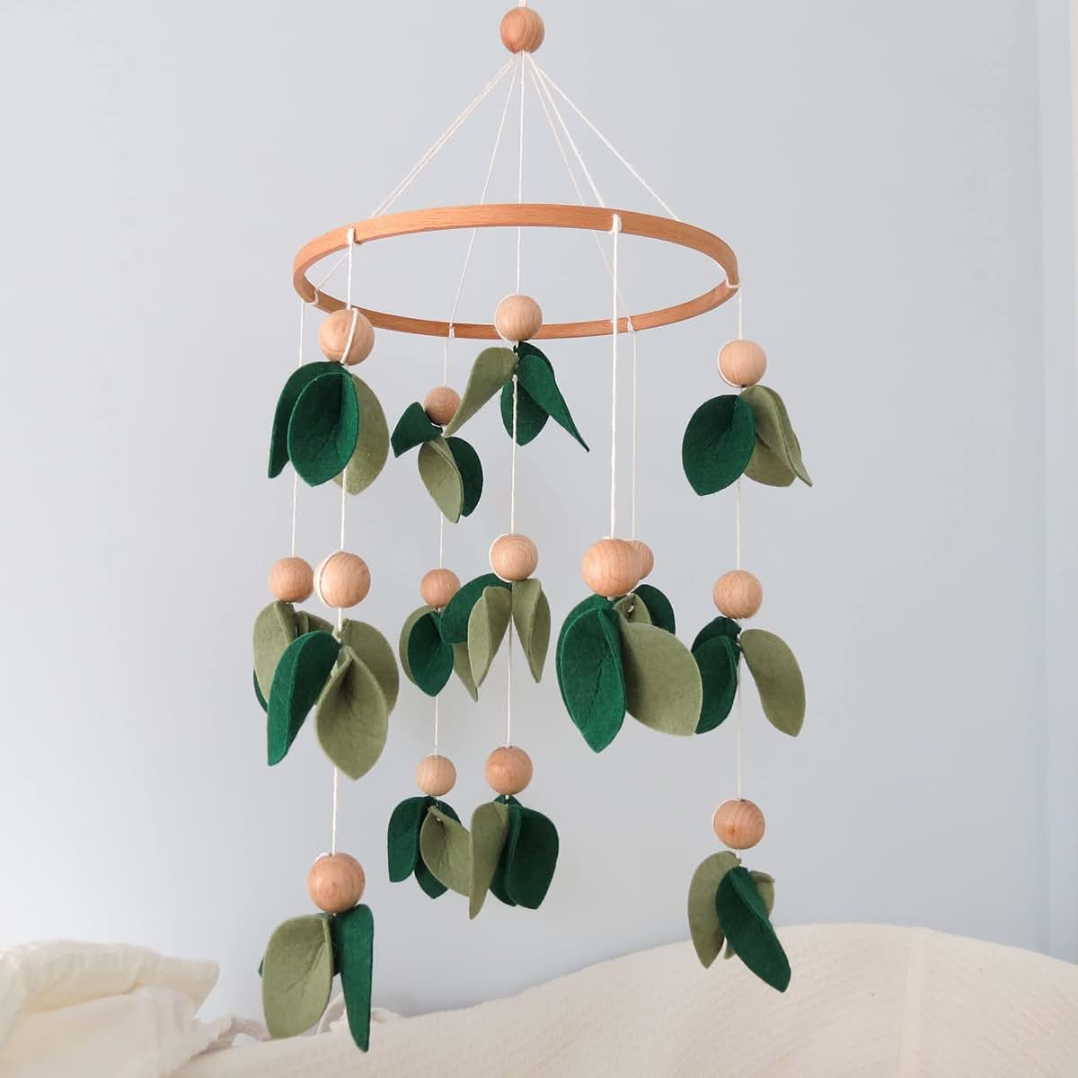 Goukurlsma Green Leaf Crib Mobile With Wooden Beads