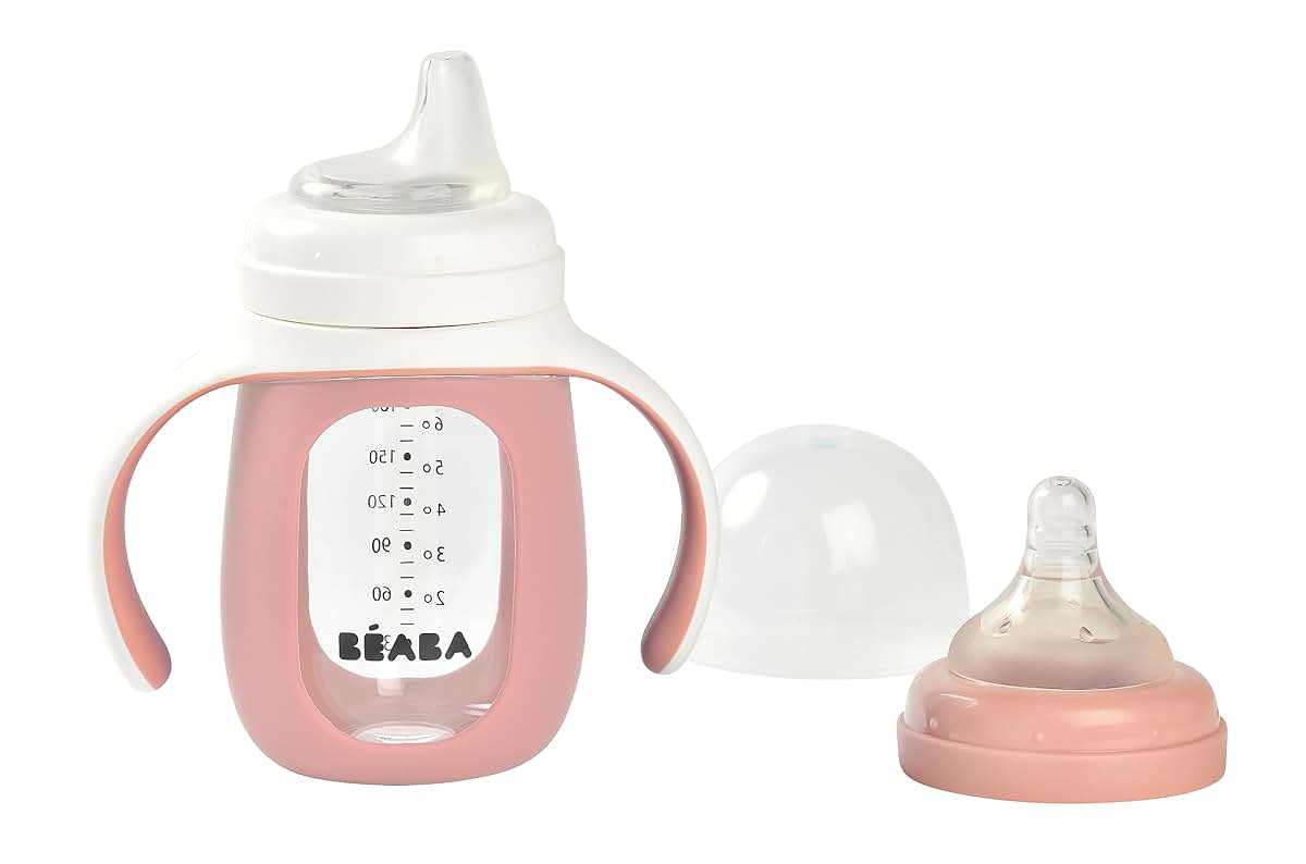Béaba 2-in-1 Glass Baby Bottle and Transition Sippy Cup in Rose (photo 2)