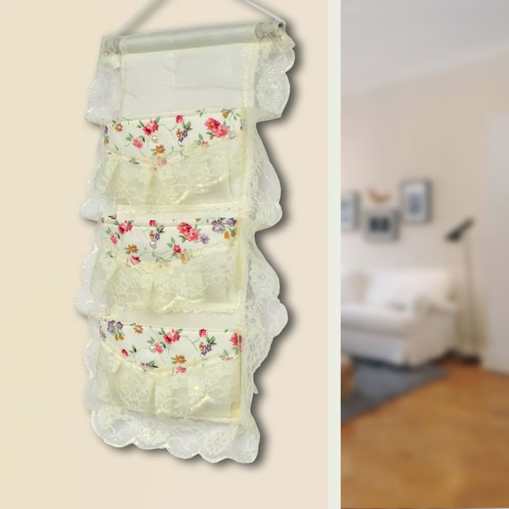 Blancho Bedding Ivory Embroidered Wall Hanging Basket, 11 x 19 Inch