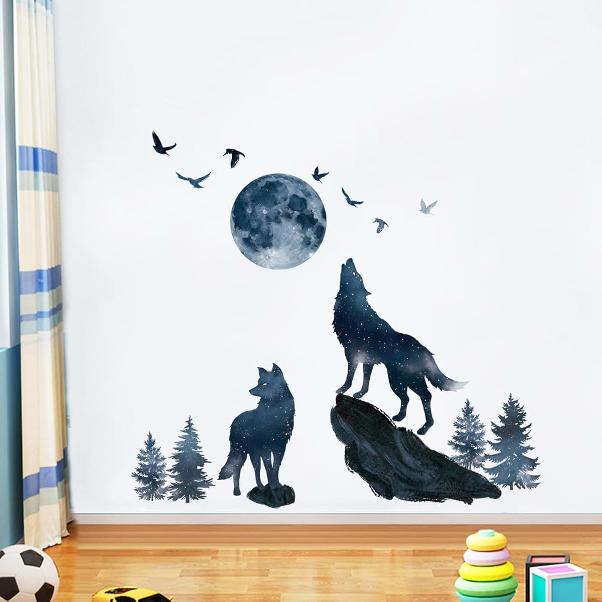wondever Wolf and Moon Wall Decals Wolves Mountain Pine Trees Wall Stickers (photo 3)