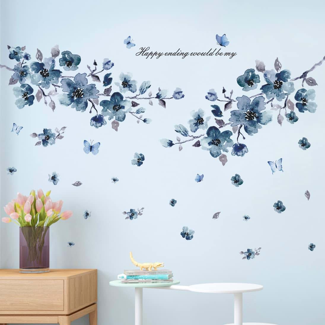 DTLIFEK Removable Blue Peach Flowers Wall Decals And Butterfly Wall Stickers