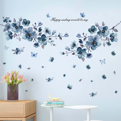 DTLIFEK Removable Blue Peach Flowers Wall Decals And Butterfly Wall Stickers