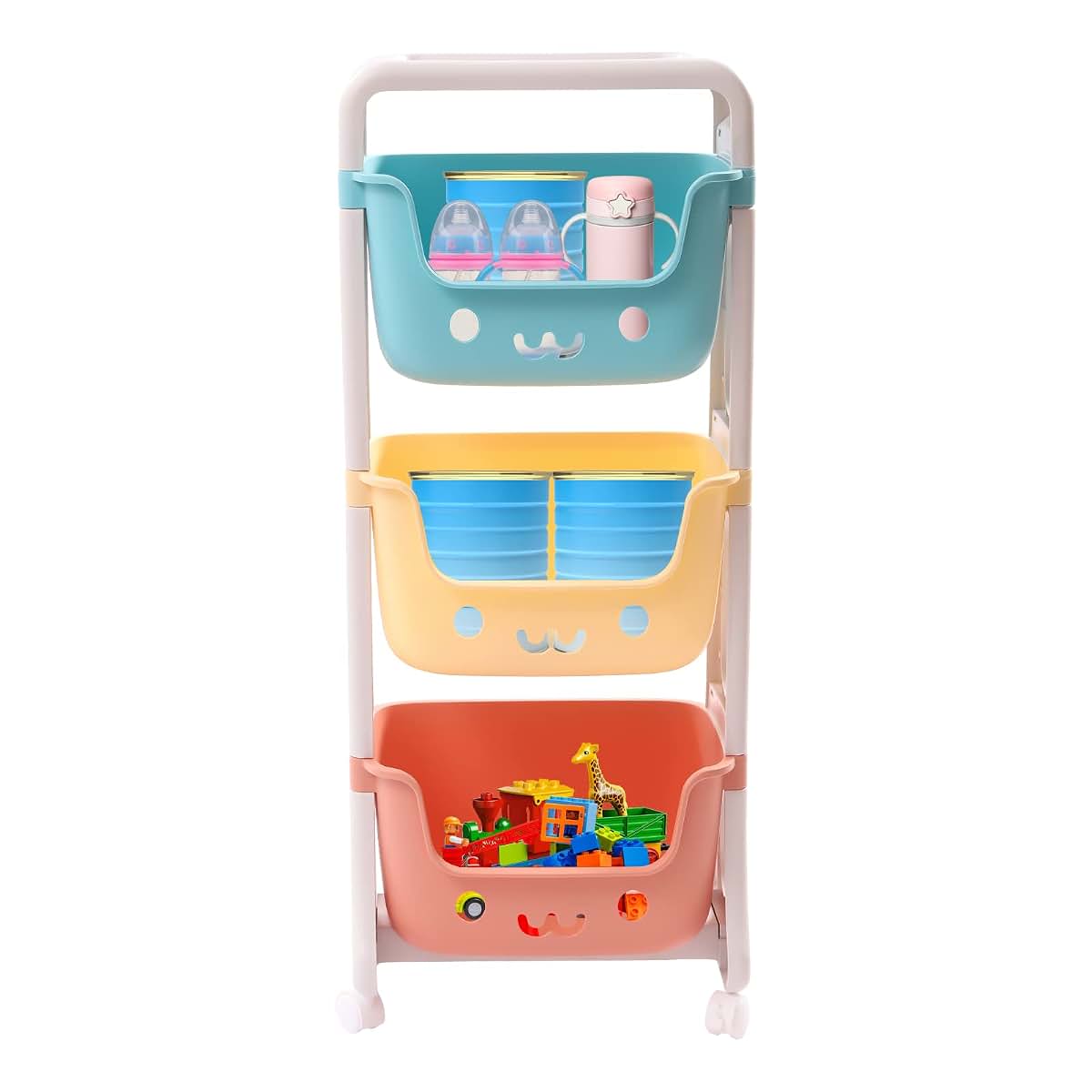 YSLoccbac 3-Tier Kids Rolling Cart Toy Storage, Plastic Mobile Shelf with Wheels, Smile Face Bins for Playroom Nursery