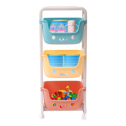 YSLoccbac 3-Tier Kids Rolling Cart Toy Storage, Plastic Mobile Shelf with Wheels, Smile Face Bins for Playroom Nursery