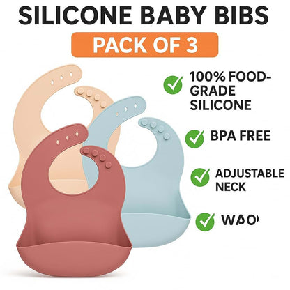 YUHMMEE Silicone Baby Bibs, 3 Pack, Waterproof Adjustable Feeding Bibs with Food Catcher Pocket, Soft Reusable Bibs for (photo 2)