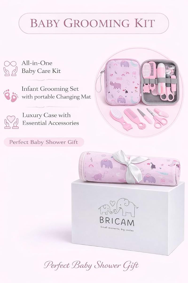 BRICAM Baby Grooming Kit with Foldable Changing Mat and Travel Case - Pink (photo 3)
