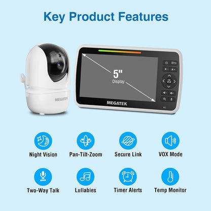 MEGATEK 5" Video Baby Monitor with Camera and Audio for Nursery Use