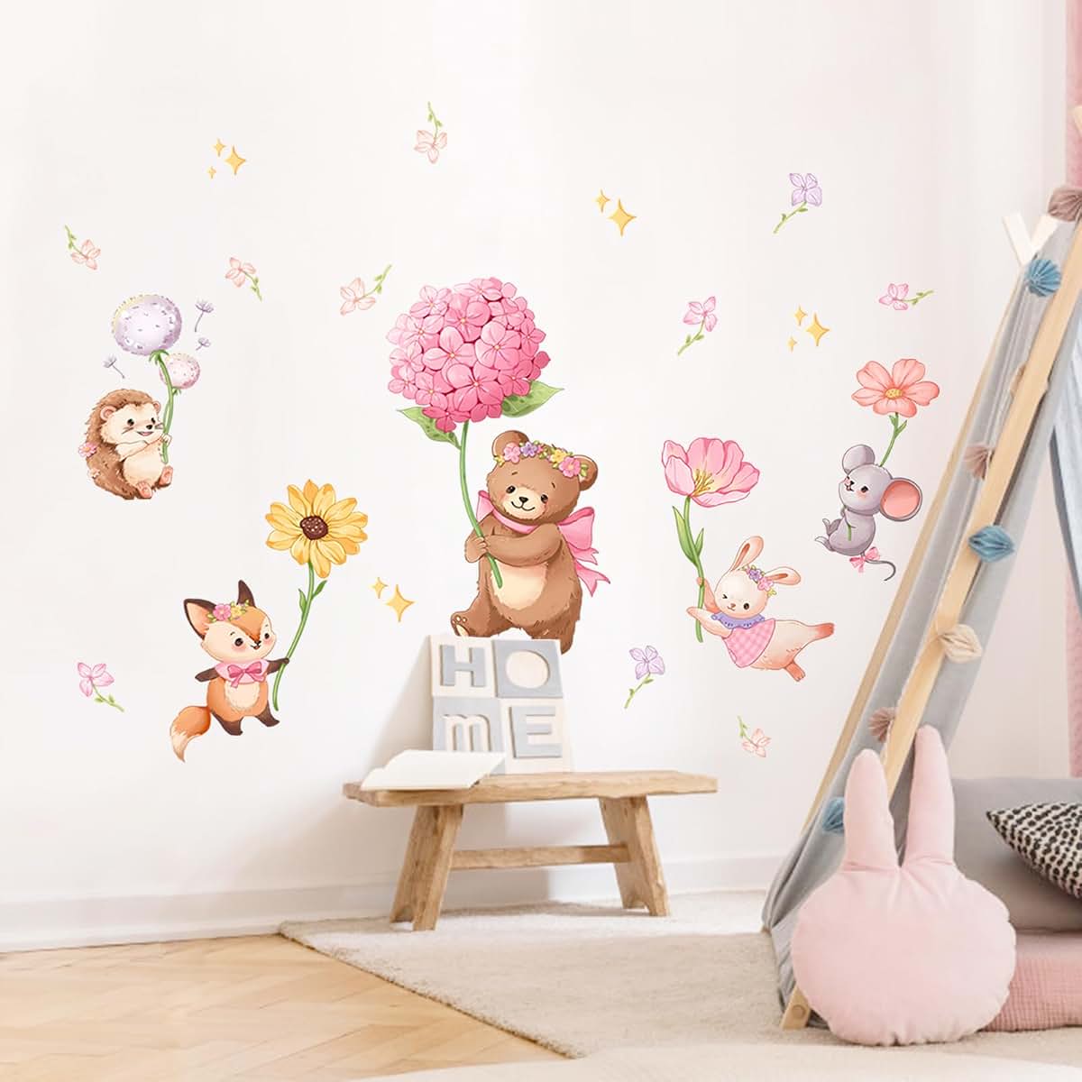Decvictor Pink Cartoon Animal Wall Decals for Girls Bedroom