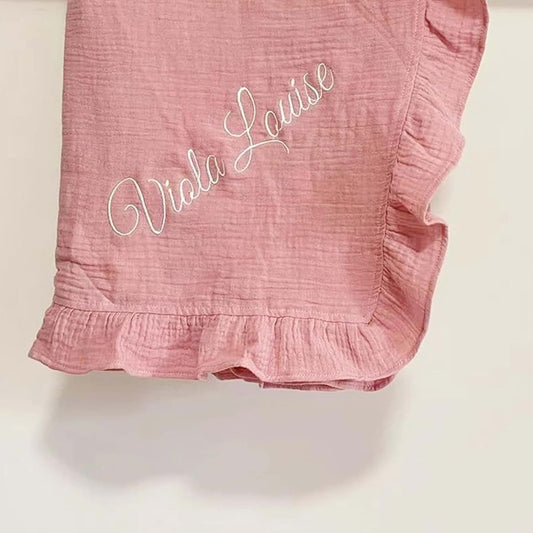 ZoikOm Personalized Baby Blanket, Ruffle Baby Blanket Girl, Muslin Cotton Swaddle, Embroidered Custom Gift, Boho