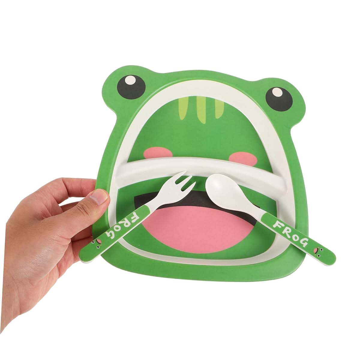 Milisten Bamboo Fiber Toddler Dinnerware Set, Frog Divided Plate with Fork and Spoon