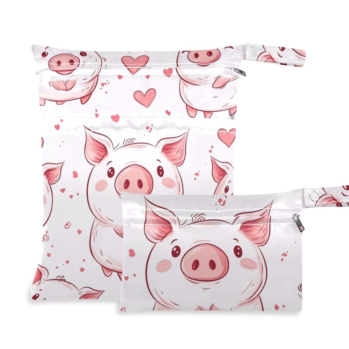 GOODOLD Cute Pig Wet Dry Bag for Baby Cloth Diapers, 2-Piece Set with Two Zippered Pockets