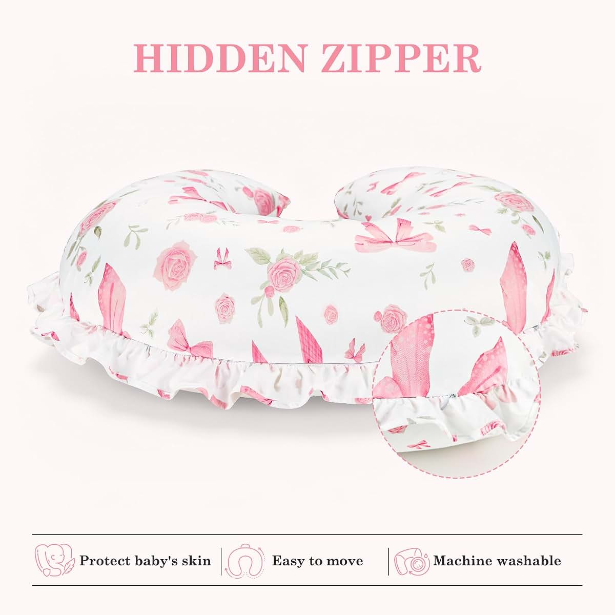 Jundetye Nursing Pillow Cover for Baby Girl, Soft Stretch Breastfeeding Pillow Cover Pink Floral, Elegant Ruffled Trim (photo 4)