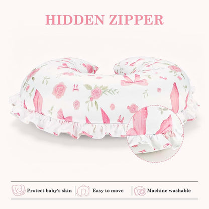 Jundetye Nursing Pillow Cover for Baby Girl, Soft Stretch Breastfeeding Pillow Cover Pink Floral, Elegant Ruffled Trim (photo 4)