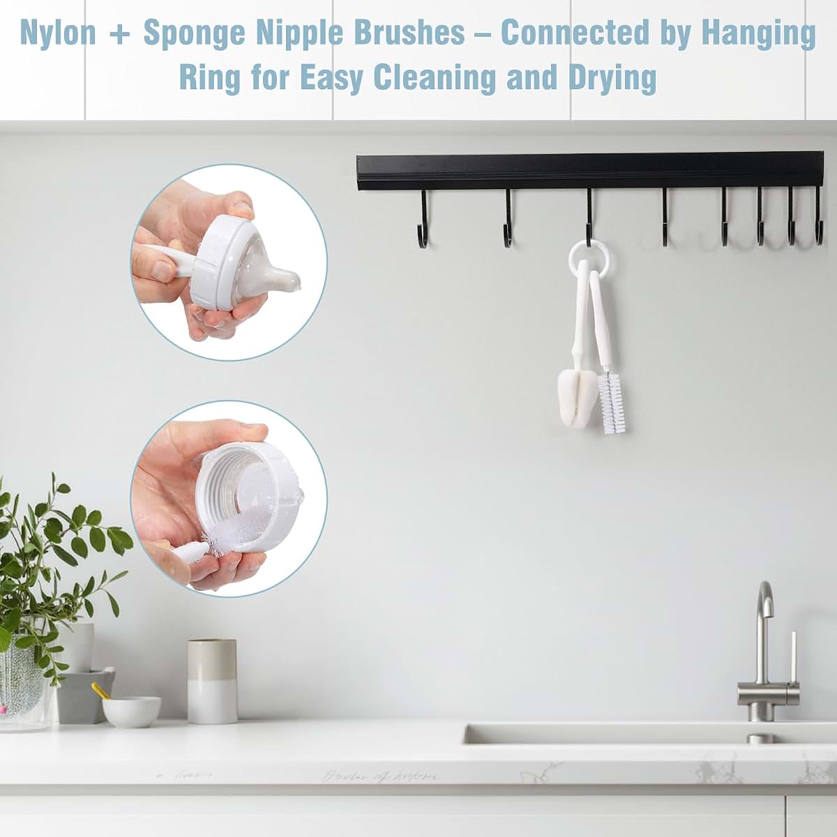 BabyOneStop 7-Piece Baby Bottle Brush Set With Hidden Cleaner And Storage Rings