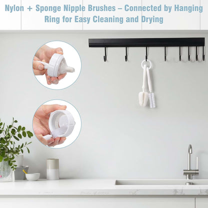 BabyOneStop 7-Piece Baby Bottle Brush Set With Hidden Cleaner And Storage Rings
