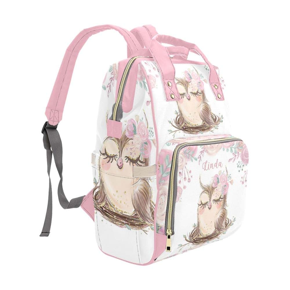 NZOOHY Pink Cute Floral Owl Personalized Diaper Bag Backpack Custom Name Large Capacity Diaper Backpack Travel Daypack (photo 2)