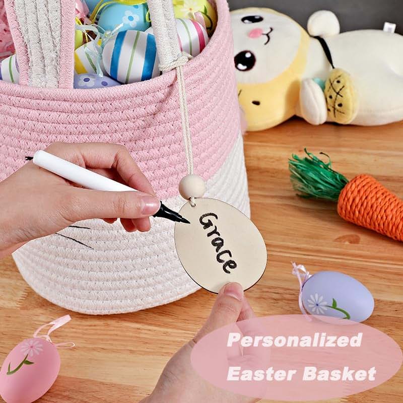 INough Easter Basket Cute Bunny Baskets Personalized Rabbit Bucket with Folding Handle for Egg Hunting, Embroidered