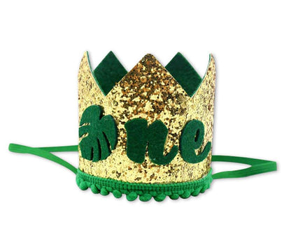 Ullovit First 1st Birthday Crown for Baby Boys Prince, Sparkle Gold Green Wild One Birthday Hat Headband Cake Smash