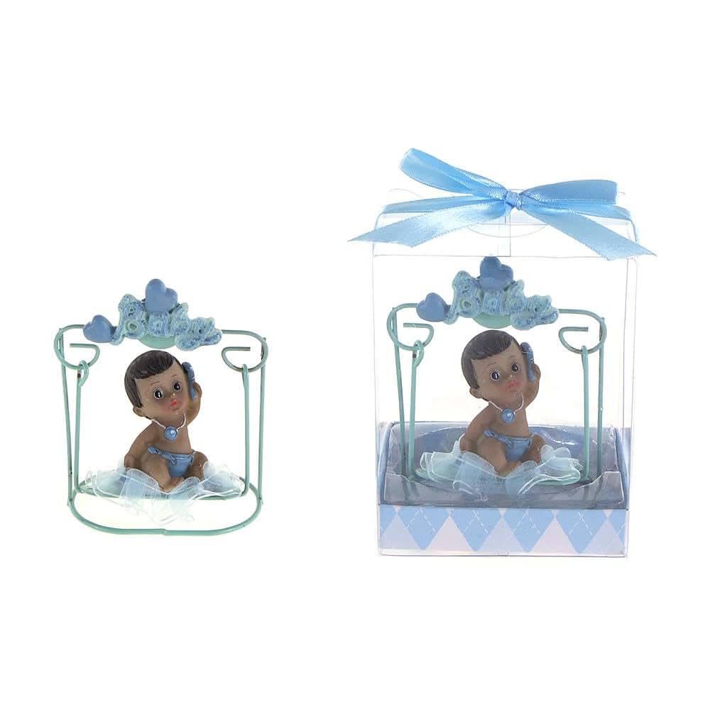 Lunaura Baby Keepsake - Set of 12 "Boy" Black Ethnic Baby Sitting on Swing Favors - Blue