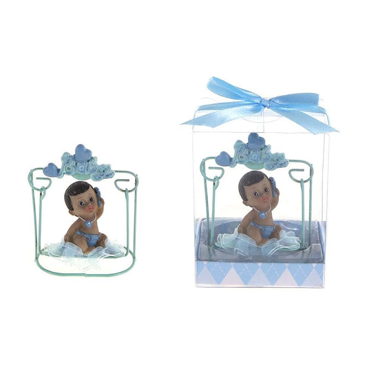 Lunaura Baby Keepsake - Set of 12 "Boy" Black Ethnic Baby Sitting on Swing Favors - Blue