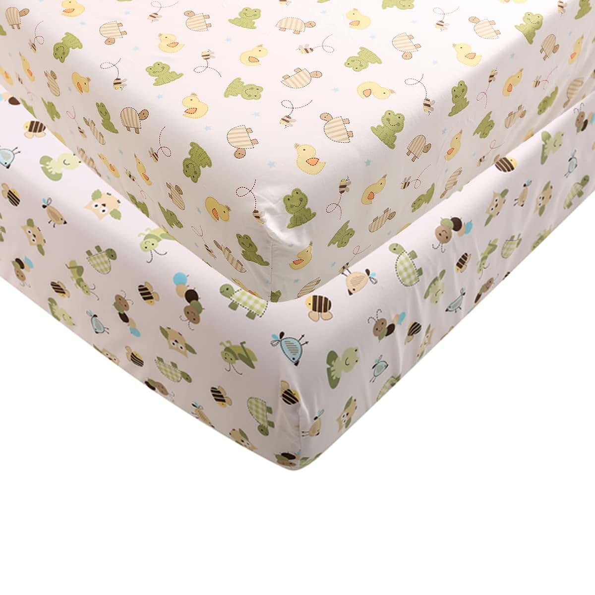CribMATE 2-Pack White Garden Frog Theme Crib Fitted Sheets, Cotton