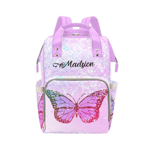 YallLocoMo Personalized Diaper Bag Backpack Name Purple Butterfly Glitter Large Capacity Nappy Bag: Designed for Travel