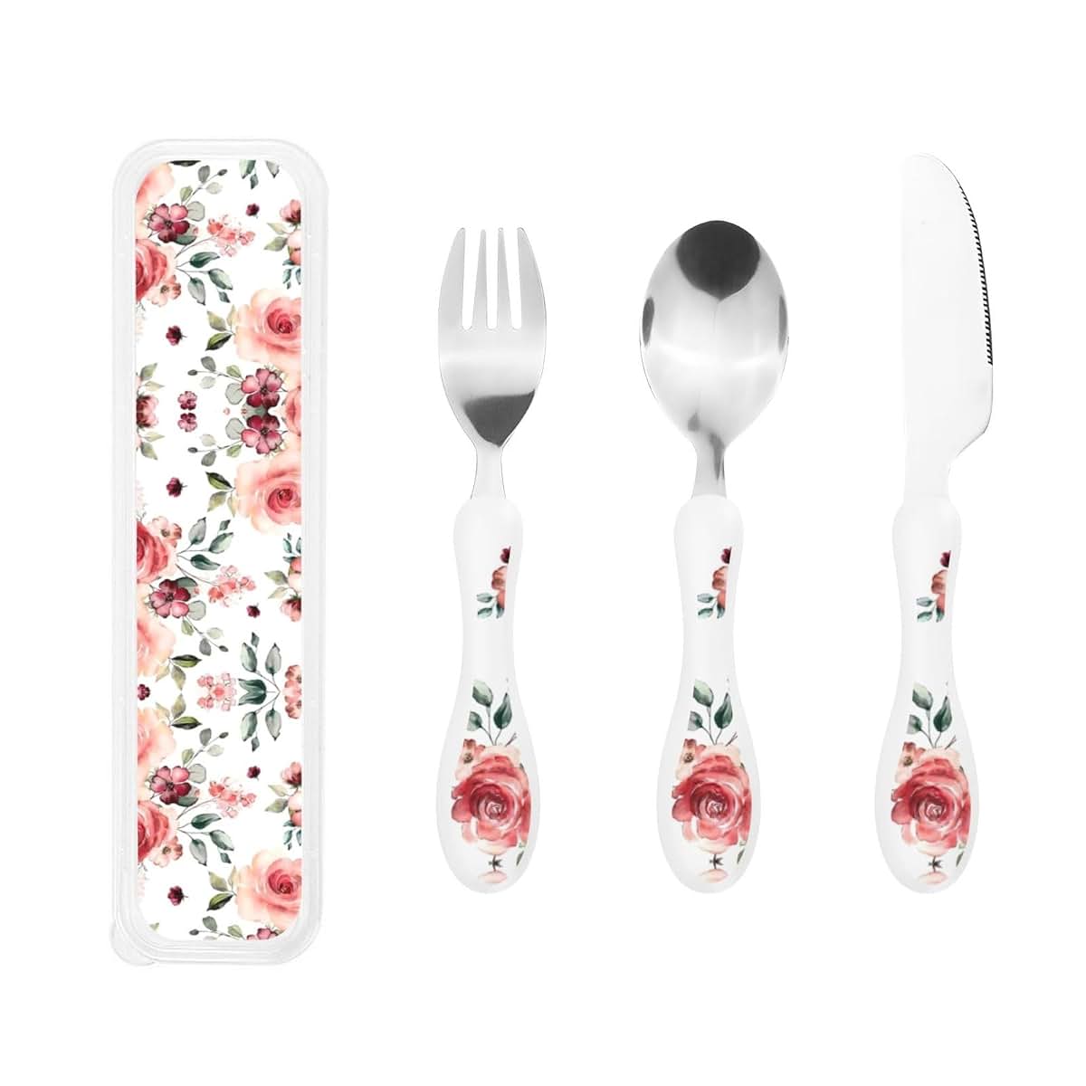 Blossoming Rose Flowers Print Kids Knife Fork and Spoon Set, Stainless Steel and PP Plastic